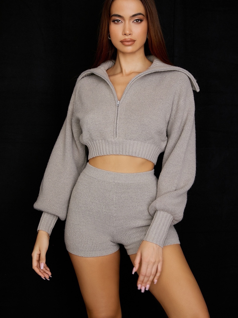 House of CB AILA Grey Knit Cropped Cardigan small cozy zip sweater relaxed